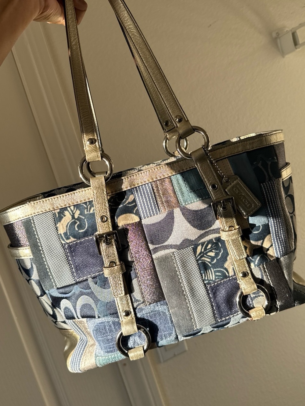Coach Vintage Blue & White Patchwork Tote Bag